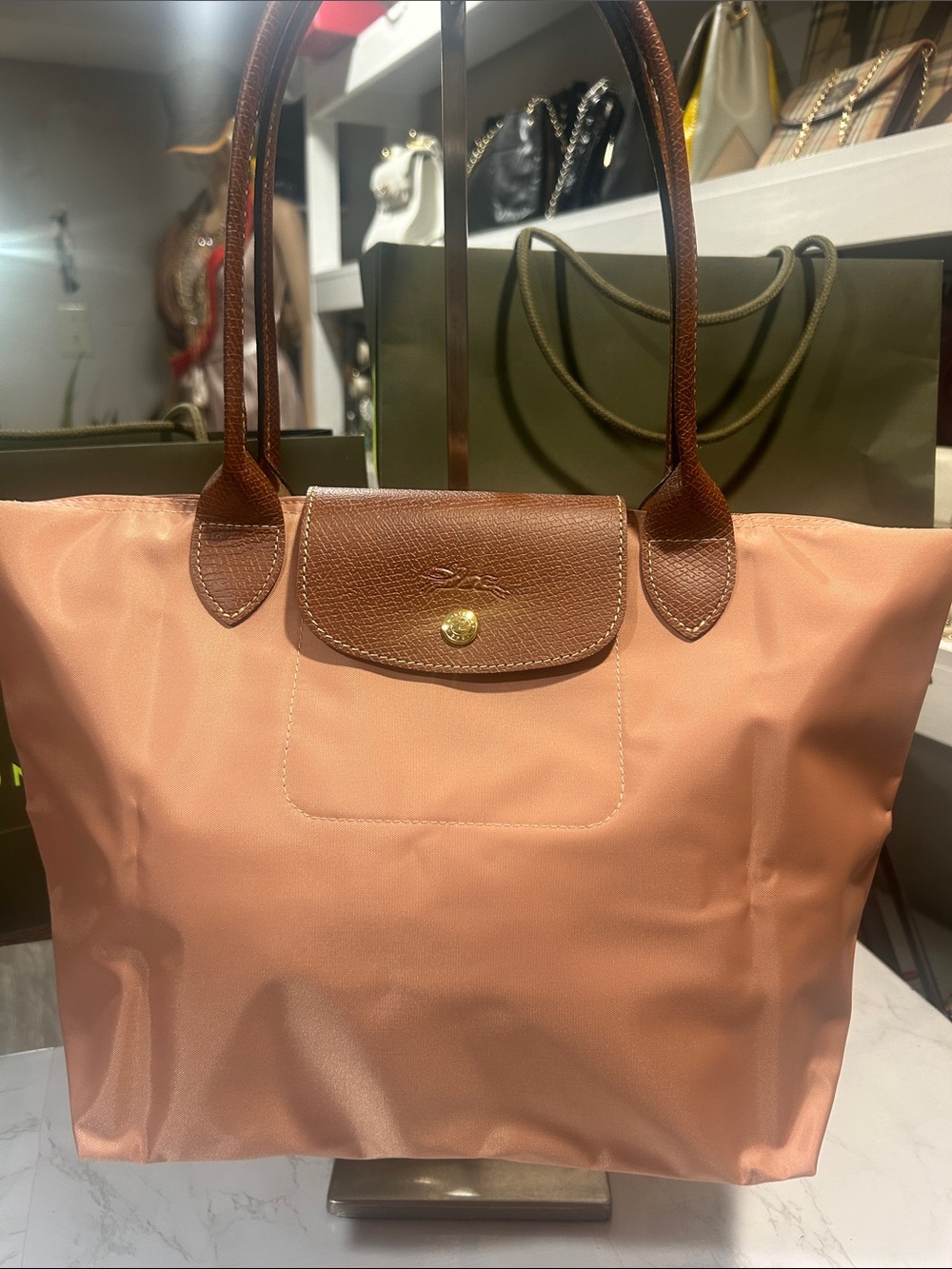 NWT Longchamp Pink Tote with Brown Leather Trim